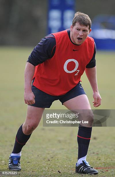 Dylan Hartley in action during the England Training Session and Press Conference at Pennyhill Park on March 9, 2010 in Bagshot, England.