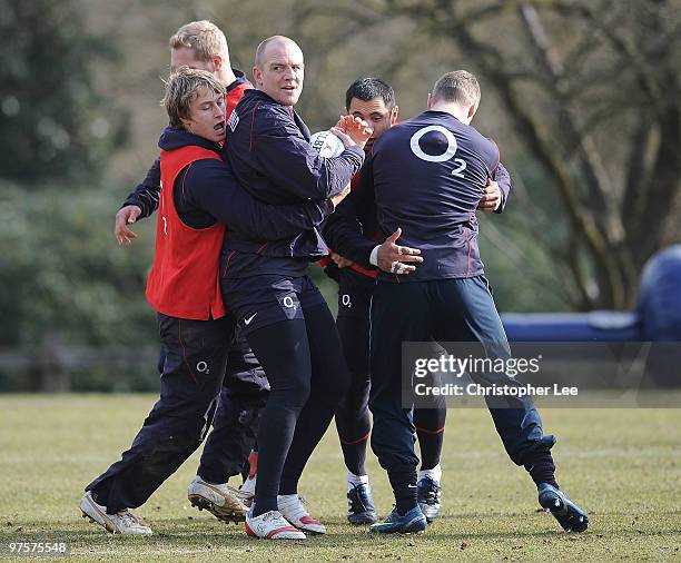 Mike Tindall and Matthew Tait in action during the England Training Session and Press Conference at Pennyhill Park on March 9, 2010 in Bagshot,...