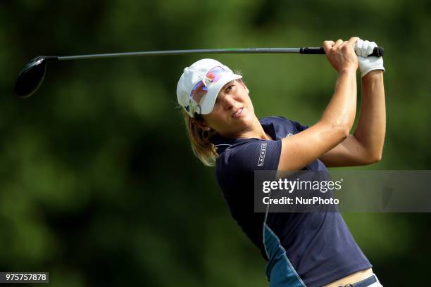 Celine Herbin of France tees off on the 5th tee during the second round of the Meijer LPGA Classic golf tournament at Blythefield Country Club in...
