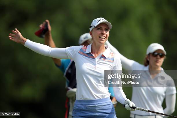 Sophia Popov of Germany tees off on the 5th tee during the second round of the Meijer LPGA Classic golf tournament at Blythefield Country Club in...