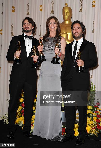 Writer Mark Boal, director Kathryn Bigelow and producer Greg Shapiro pose in the press room at the 82nd Annual Academy Awards held at the Kodak...