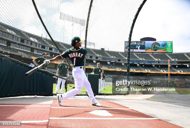 The Oakland Athletics number one draft pick Kyler Murray an outfielder out of the University of Oklahoma takes batting practice prior to the start of...