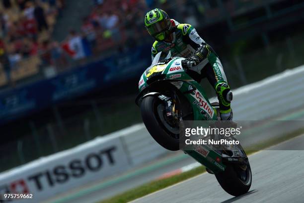 Cal Crutchlow of England and LCR Honda Castrol making a wheelie during the free practice of the Gran Premi Monster Energy de Catalunya, Circuit of...
