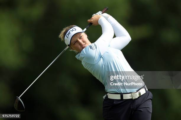 Brooke M. Henderson of Canada tees off on the 5th tee during the second round of the Meijer LPGA Classic golf tournament at Blythefield Country Club...