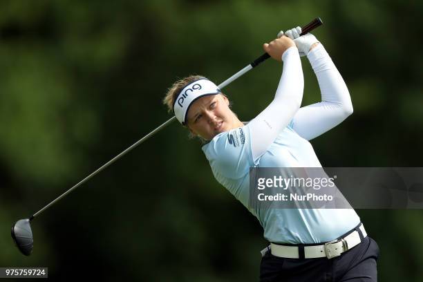 Brooke M. Henderson of Canada tees off on the 5th tee during the second round of the Meijer LPGA Classic golf tournament at Blythefield Country Club...