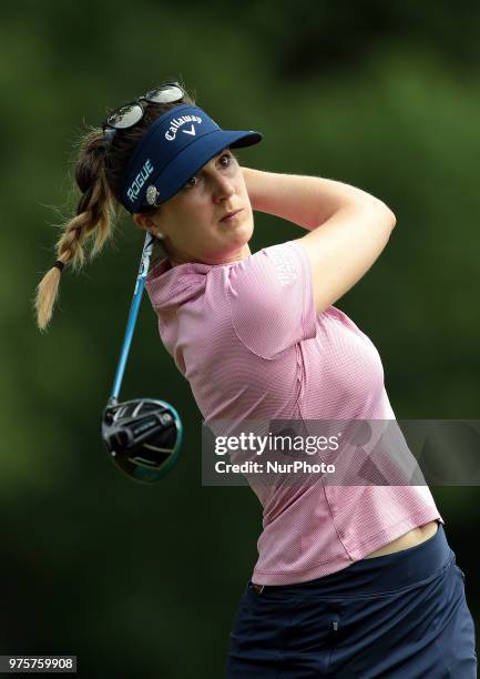 Sandra Gal of Germany tees off on the 5th tee during the second round of the Meijer LPGA Classic golf tournament at Blythefield Country Club in...