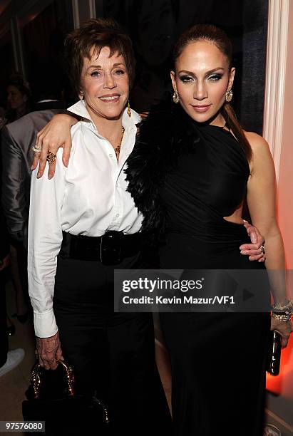 Jane Fonda and Jennifer Lopez attends the 2010 Vanity Fair Oscar Party hosted by Graydon Carter at the Sunset Tower Hotel on March 7, 2010 in West...