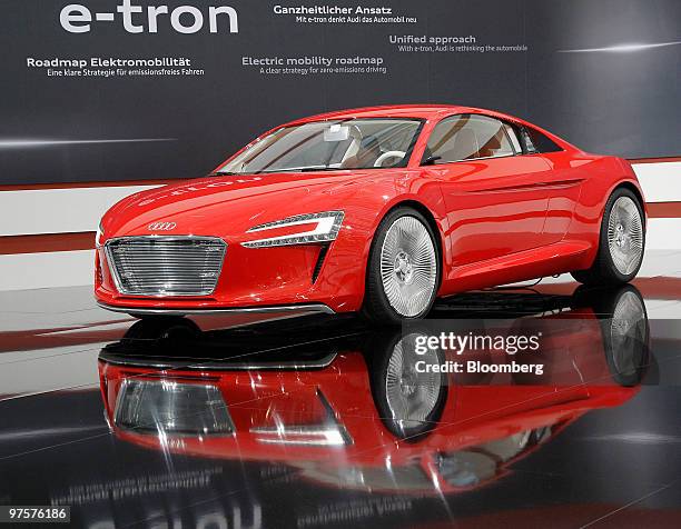 An Audi e-tron automobile sits on display during the company's full year earnings press conference in Ingolstadt, Germany, on Tuesday, March 9, 2010....