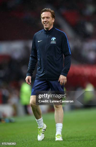 Damian Lewis warms up during the Soccer Aid for UNICEF 2018 match between England and The Rest of the World at Old Trafford on June 10, 2018 in...