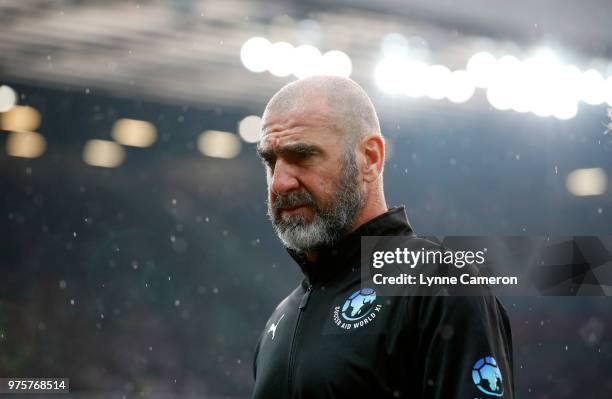 French former player Eric Cantona looks on during the Soccer Aid for UNICEF 2018 match between England and The Rest of the World at Old Trafford on...