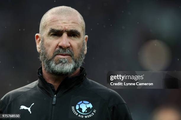 French former player Eric Cantona looks on during the Soccer Aid for UNICEF 2018 match between England and The Rest of the World at Old Trafford on...