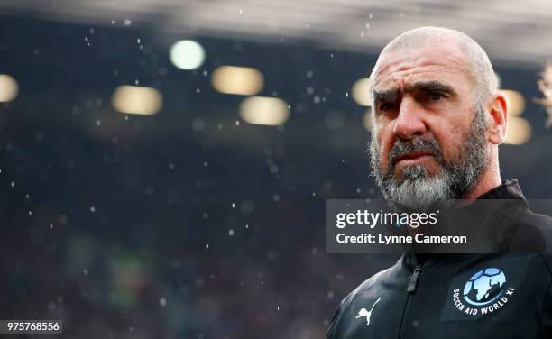 French former player Eric Cantona looks on during the Soccer Aid for UNICEF 2018 match between England and The Rest of the World at Old Trafford on...