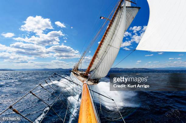 sailing boat on full sea, saint-tropez, var, france - st tropez photos et images de collection