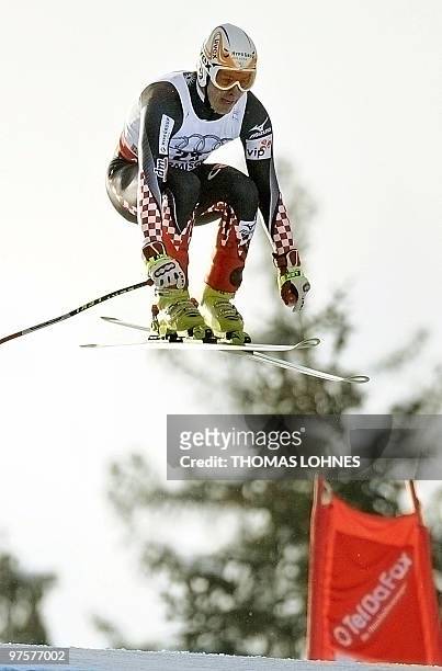 Croatia's Ivica Kostelic jumps during the Men's Downhill at the Alpine skiing World Cup in Garmisch Partenkirchen, southern Germany on March , 2010....