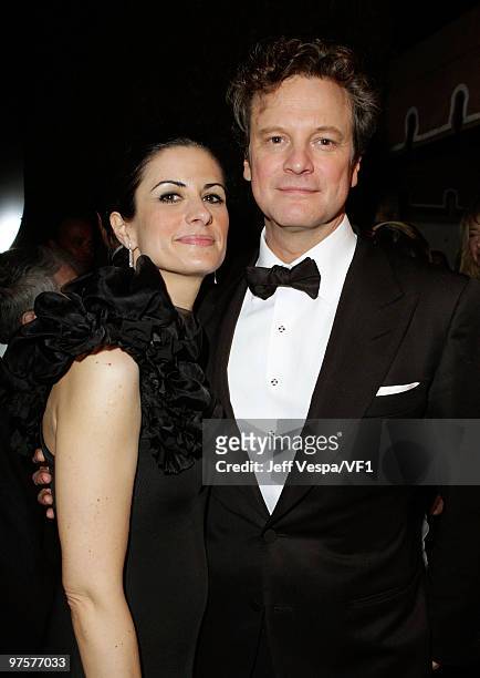 Livia Giuggioli and actor Colin Firth attend the 2010 Vanity Fair Oscar Party hosted by Graydon Carter at the Sunset Tower Hotel on March 7, 2010 in...