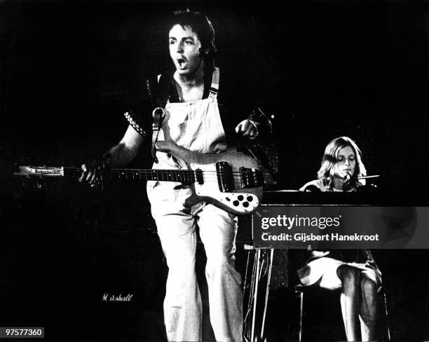Wings perform live on stage at The Theatre Antique in Arles, France on July 13 1972 L-R Paul McCartney, Linda McCartney