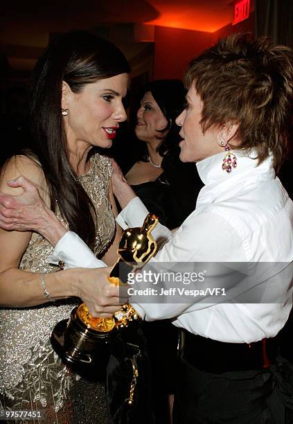 Actress Sandra Bullock and Jane Fonda attend the 2010 Vanity Fair Oscar Party hosted by Graydon Carter at the Sunset Tower Hotel on March 7, 2010 in...