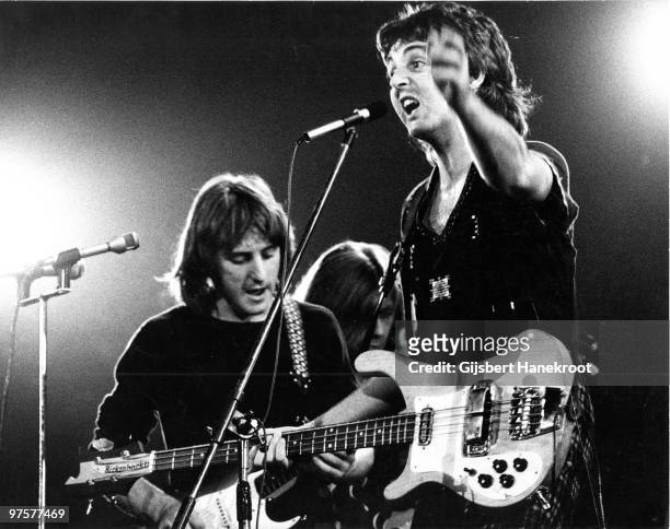 Wings perform live on stage at The Theatre Antique in Arles, France on July 13 1972 L-R Denny Laine, Henry McCullough, Paul McCartney