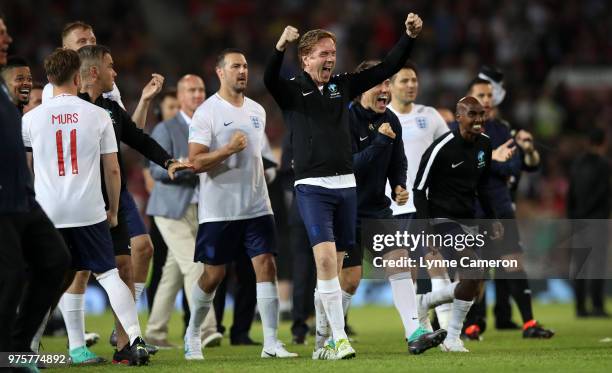 Damian Lewis celebrates during the Soccer Aid for UNICEF 2018 match between England and The Rest of the World at Old Trafford on June 10, 2018 in...