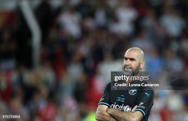 French former player Eric Cantona looks on during the Soccer Aid for UNICEF 2018 match between England and The Rest of the World at Old Trafford on...