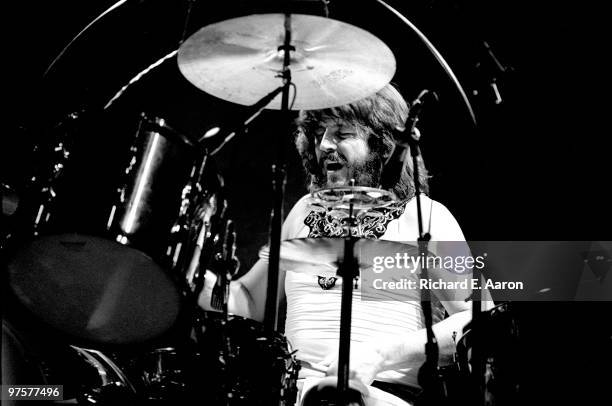 John Bonham from Led Zeppelin performs live on stage at Madison Square Garden, New York in June 1977