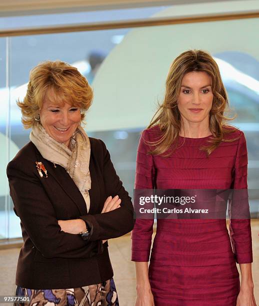 Madrid's Regional President, Esperanza Aguirre and Princess Letizia of Spain attend a meeting with "LiderA" at Canal Theater on March 9, 2010 in...