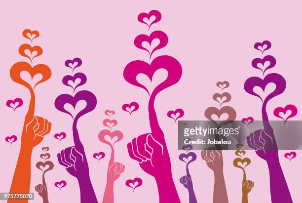 community raised hand with heart - crowd hand heart stock illustrations