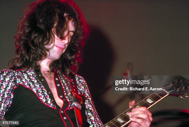 Jimmy Page from Led Zeppelin performs live on stage at Nassau Coliseum during their 1975 US tour on February 14 1975