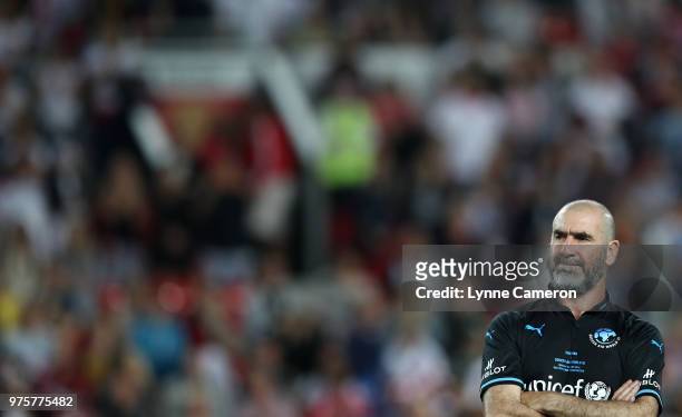 French former player Eric Cantona looks on during the Soccer Aid for UNICEF 2018 match between England and The Rest of the World at Old Trafford on...