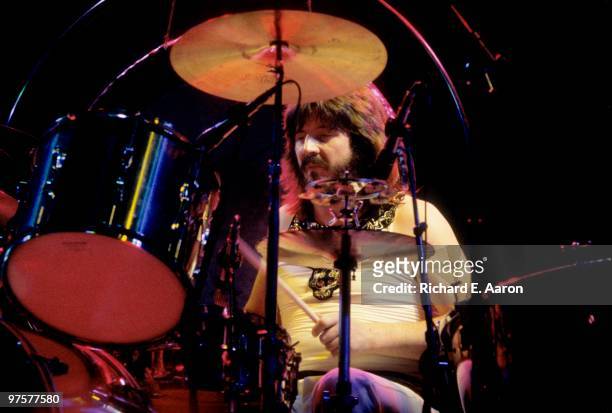 John Bonham from Led Zeppelin performs live on stage at Madison Square Garden, New York in June 1977
