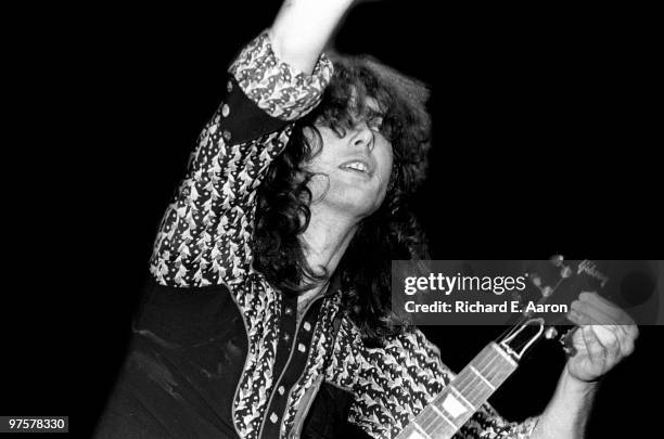 Jimmy Page from Led Zeppelin performs live on stage at Nassau Coliseum during their 1975 US tour on February 14 1975