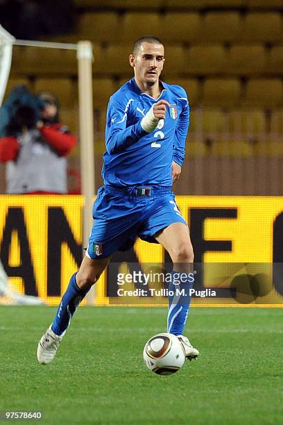 Leonardo Bonucci of Italy in action during the International Friendly match between Italy and Cameroon at Louis II Stadium on March 3, 2010 in...