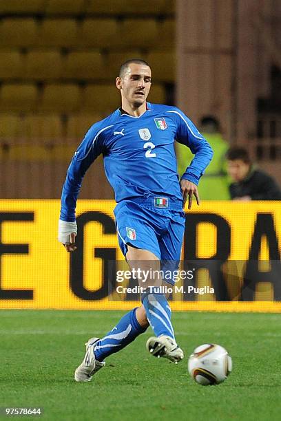 Leonardo Bonucci of Italy in action during the International Friendly match between Italy and Cameroon at Louis II Stadium on March 3, 2010 in...