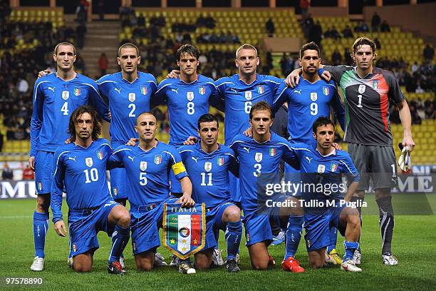 Players of Italy pose for a team shot prior to the International Friendly match between Italy and Cameroon at Louis II Stadium on March 3, 2010 in...