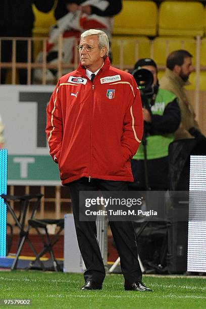 Marcello Lippi coach of Italy looks on during the International Friendly match between Italy and Cameroon at Louis II Stadium on March 3, 2010 in...