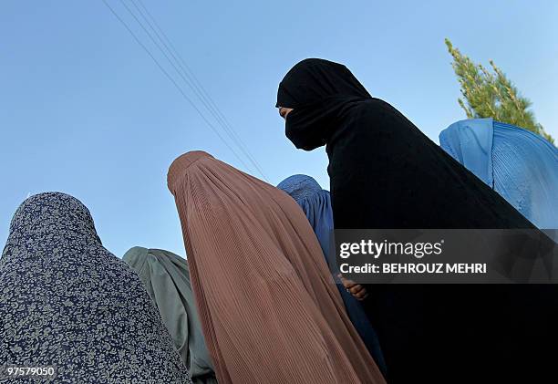Burqa-clad Afghan women attend a ceremony to mark International Women's Day in Lashkar Gah in Helmand Province on March 8, 2010. The ceremony was...