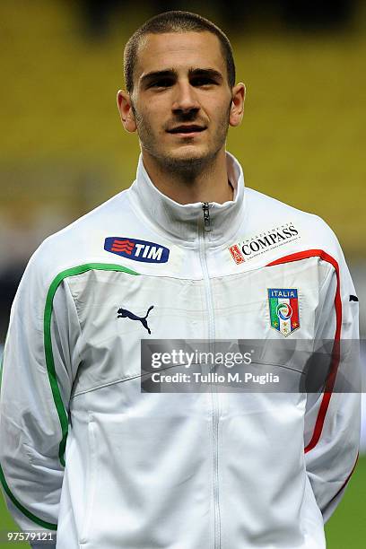 Leonardo Bonucci of Italy looks on before the International Friendly match between Italy and Cameroon at Louis II Stadium on March 3, 2010 in Monaco,...