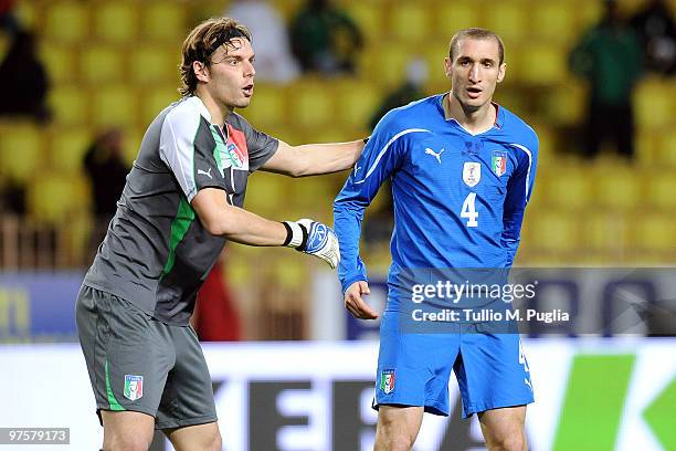 Goalkeeper Federico Marchetti and Giorgio Chiellini of Italy looks on during the International Friendly match between Italy and Cameroon at Louis II...