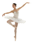 ballerina with white tutu doing the pique pose on white background