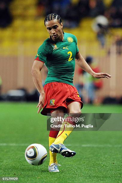 Benoit Assou Ekotto of Cameroon in action during the International Friendly match between Italy and Cameroon at Louis II Stadium on March 3, 2010 in...