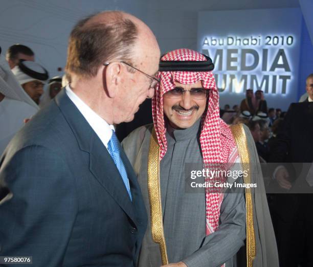 Media mogul Rupert Murdoch is greeted by Saudi billionaire Prince Al Waleed bin Talal at the inaugural Abu Dhabi Media Summit, on March 09, 2010 in...