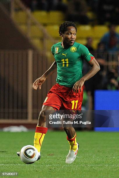 Jean II Makoun of Cameroon in action during the International Friendly match between Italy and Cameroon at Louis II Stadium on March 3, 2010 in...