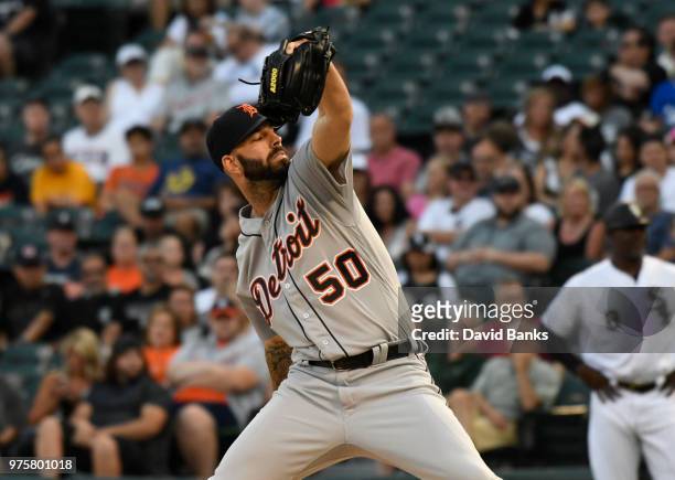 Mike Fiers of the Detroit Tigers pitches against the Chicago White Sox during the first inning on June 15, 2018 at Guaranteed Rate Field in Chicago,...