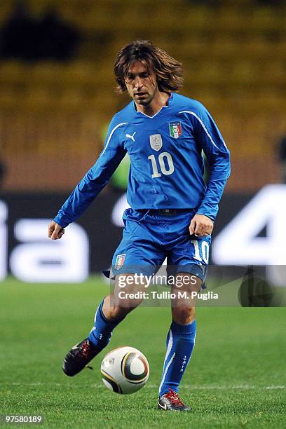 Andrea Pirlo of Italy in action during the International Friendly match between Italy and Cameroon at Louis II Stadium on March 3, 2010 in Monaco,...