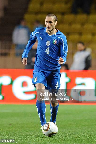 Giorgio Chiellini of Italy in action during the International Friendly match between Italy and Cameroon at Louis II Stadium on March 3, 2010 in...