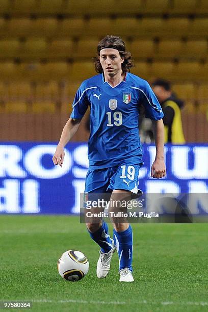 Riccardo Montolivo of Italy in action during the International Friendly match between Italy and Cameroon at Louis II Stadium on March 3, 2010 in...