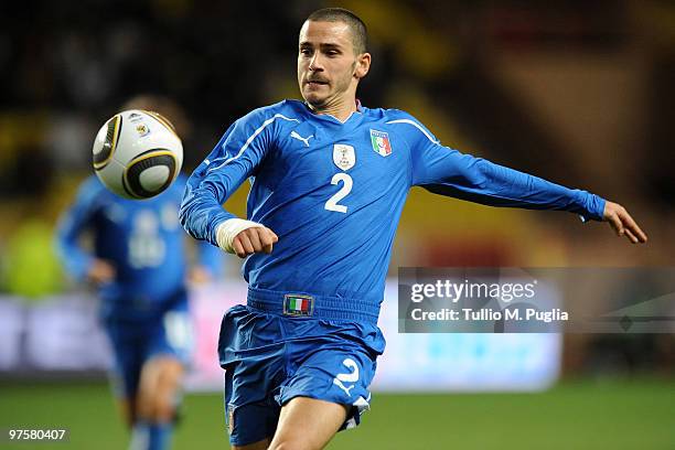 Leonardo Bonucci of Italy in action during the International Friendly match between Italy and Cameroon at Louis II Stadium on March 3, 2010 in...