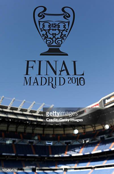 The logo for the May 22nd UEFA Champions League Final in Madrid, the 'Finale Madrid' at the Santiago Bernabeu stadium on March 9, 2010 in Madrid,...