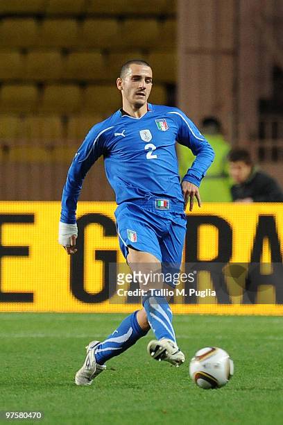 Leonardo Bonucci of Italy in action during the International Friendly match between Italy and Cameroon at Louis II Stadium on March 3, 2010 in...