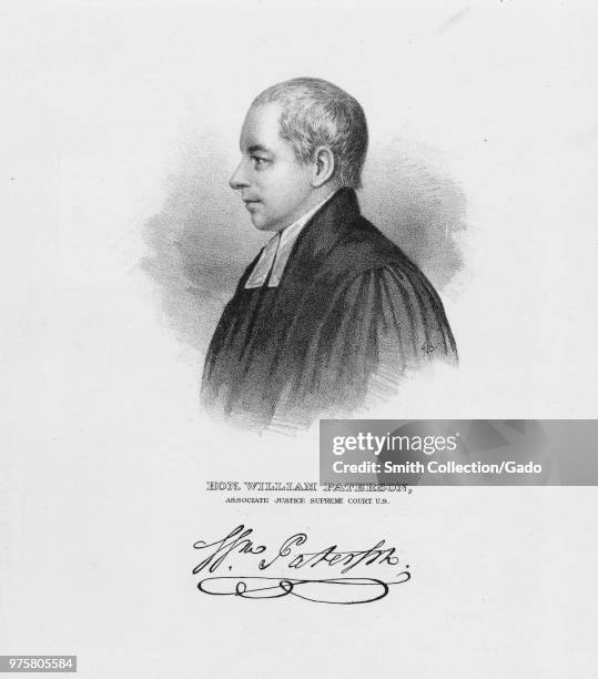 Black and white etching, depicting a profile, headshot portrait, of New Jersey statesman, US Constitution signatory, and United States Supreme Court...